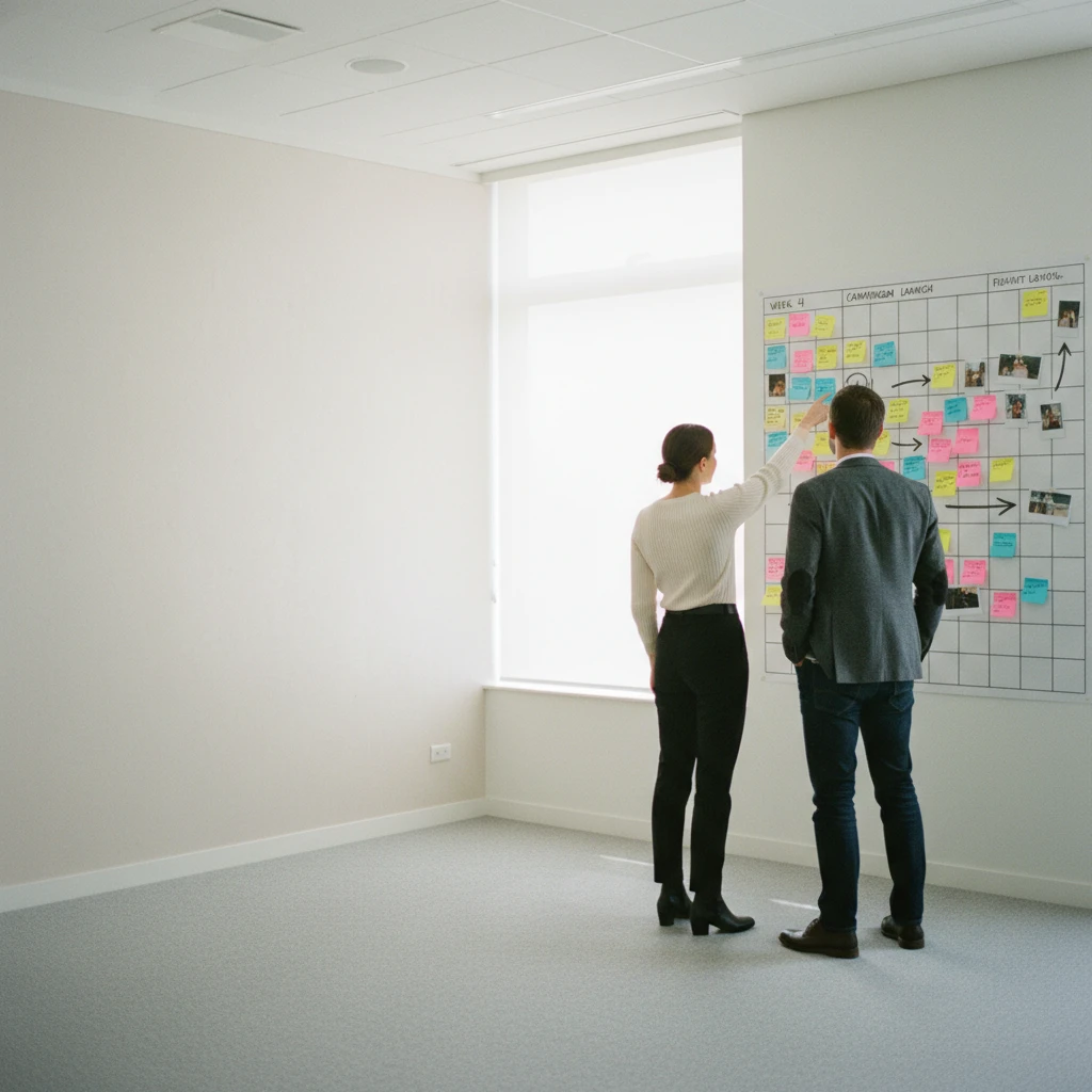 Two marketers planning a content calendar on a wall
